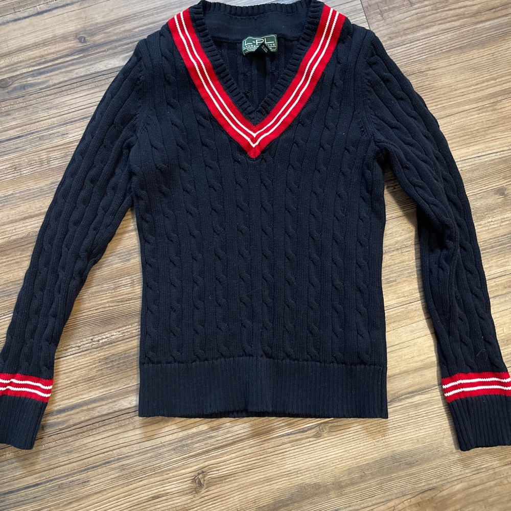 Ralph Lauren Black V-Neck Sweater with Red Trim vintage